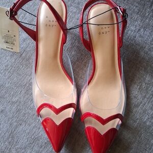 a new day Red Pointed Clear Slingback Flats with Heart Detail